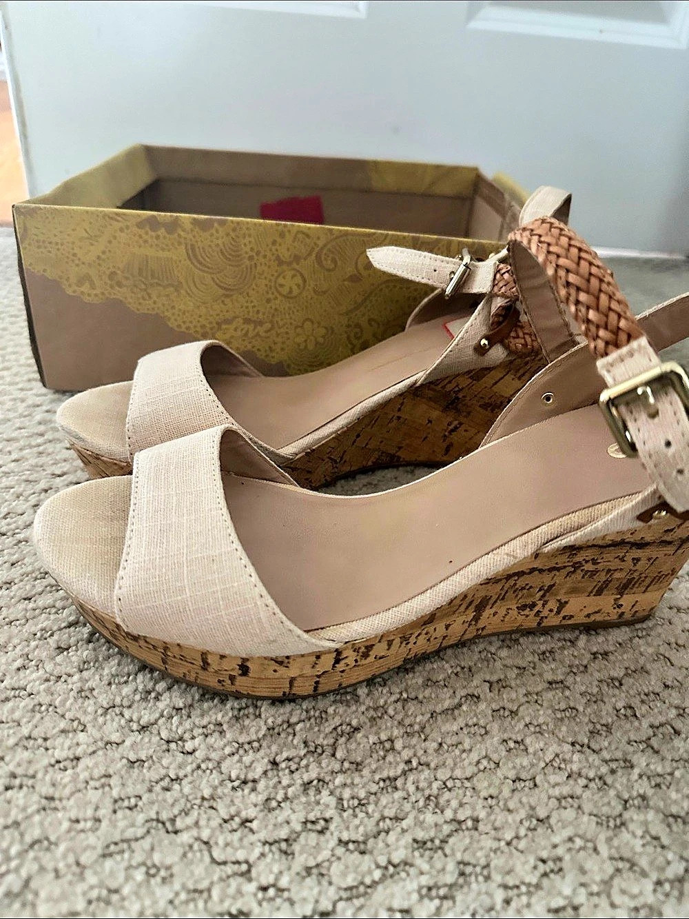 Woven Wedge Sandals in Beige & Brown Like New